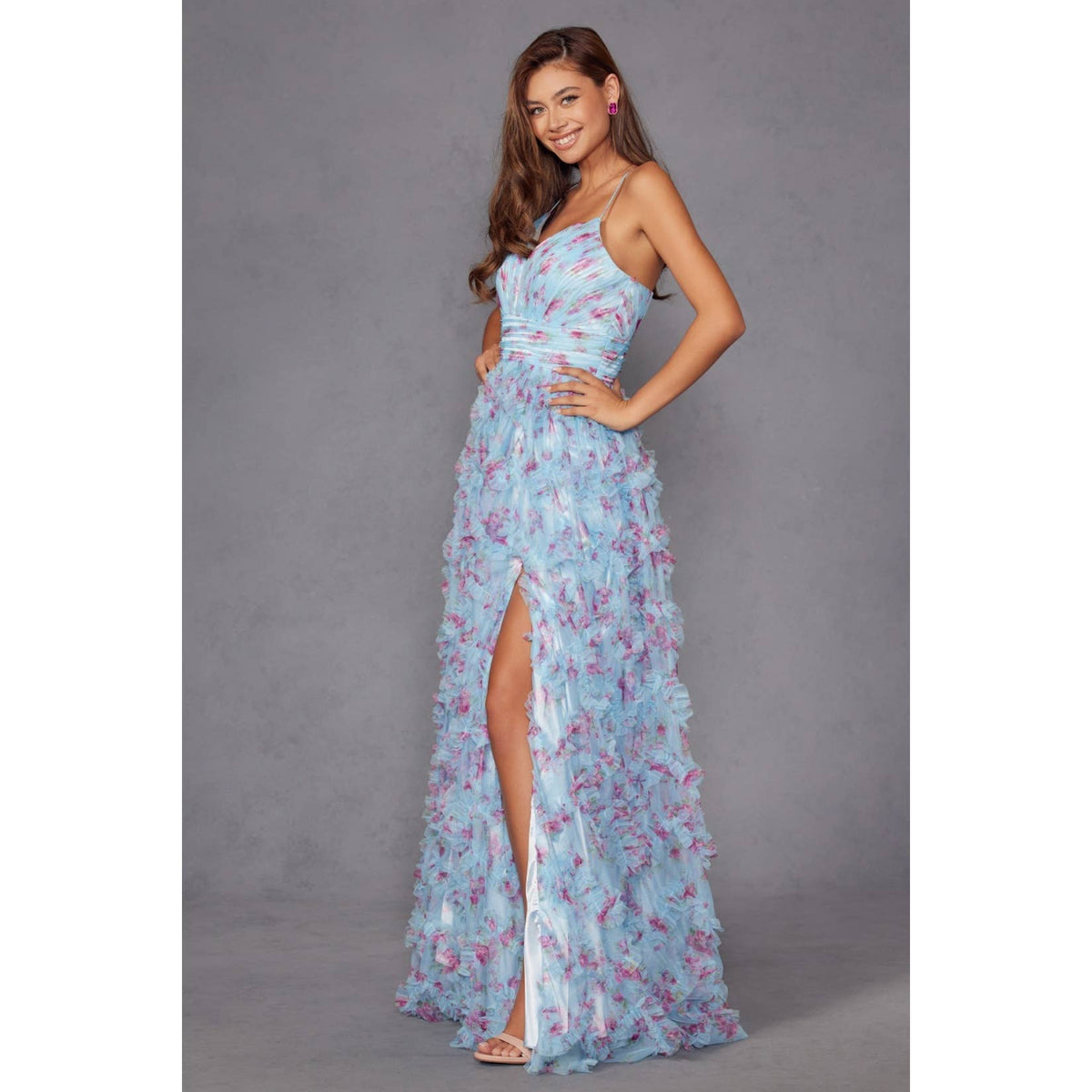 JT2572U THIS DRESS FEATURES A FITTED CORSET WITH A V-NECKLIN