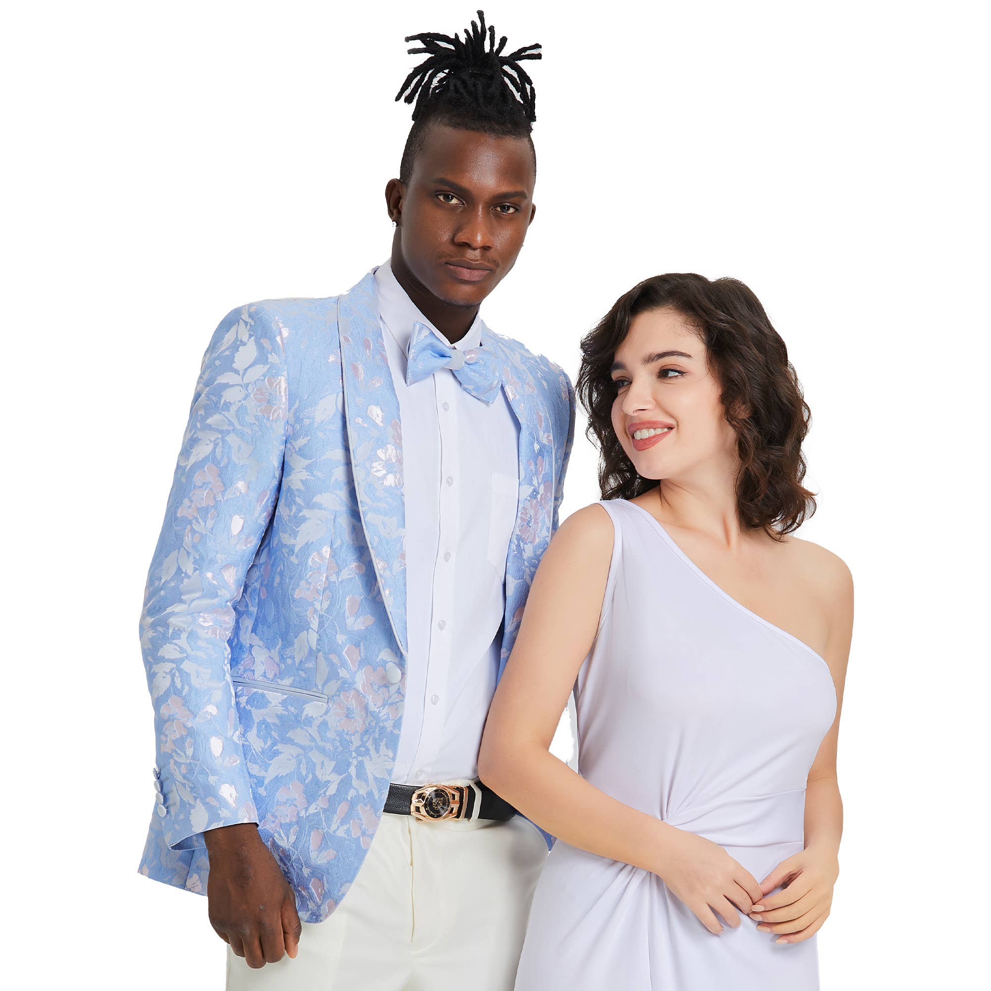 Men's Slim Floral Blazer w/ Bowtie, Shawl, Sky and Sliver