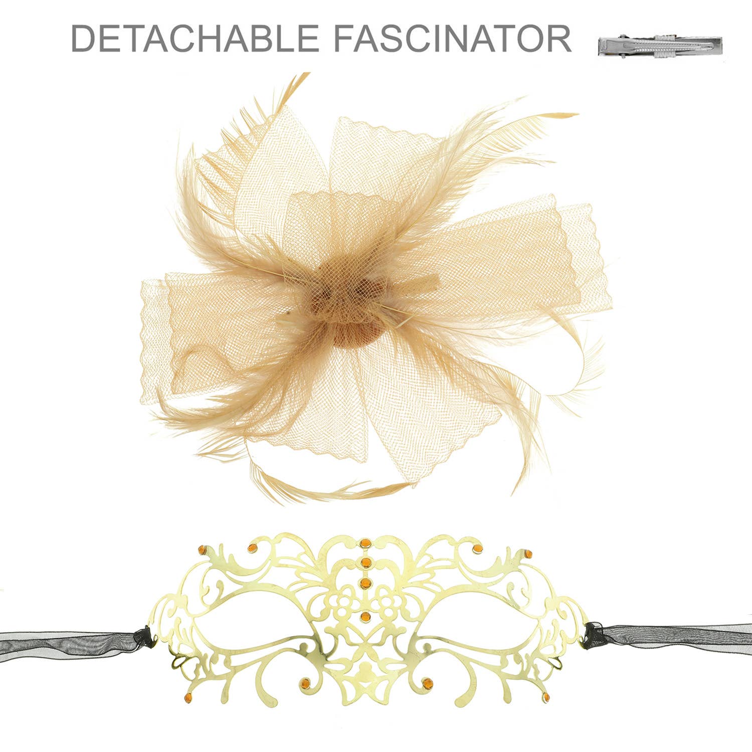 Crystal Rhinestone Masquerade Mask with Detached Fascinator