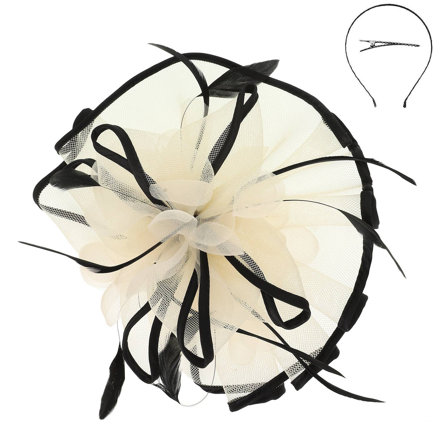Floral Feathered Contrast Trim Mesh Fascinator