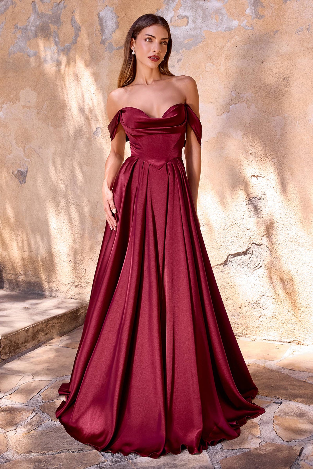 Off-the-shoulder pleated neckline, draped sleeves & leg slit