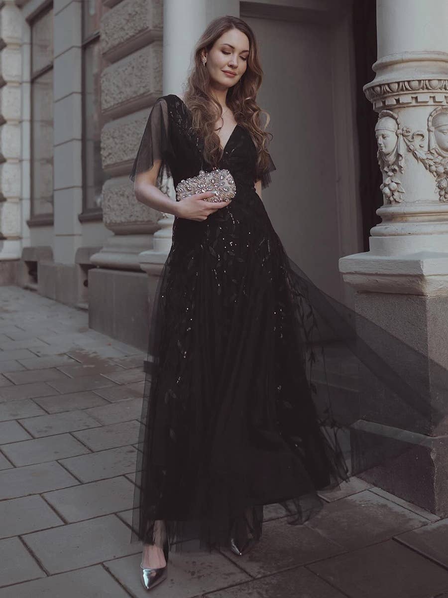 Romantic Shimmery V Neck Ruffle Sleeves Evening Dress