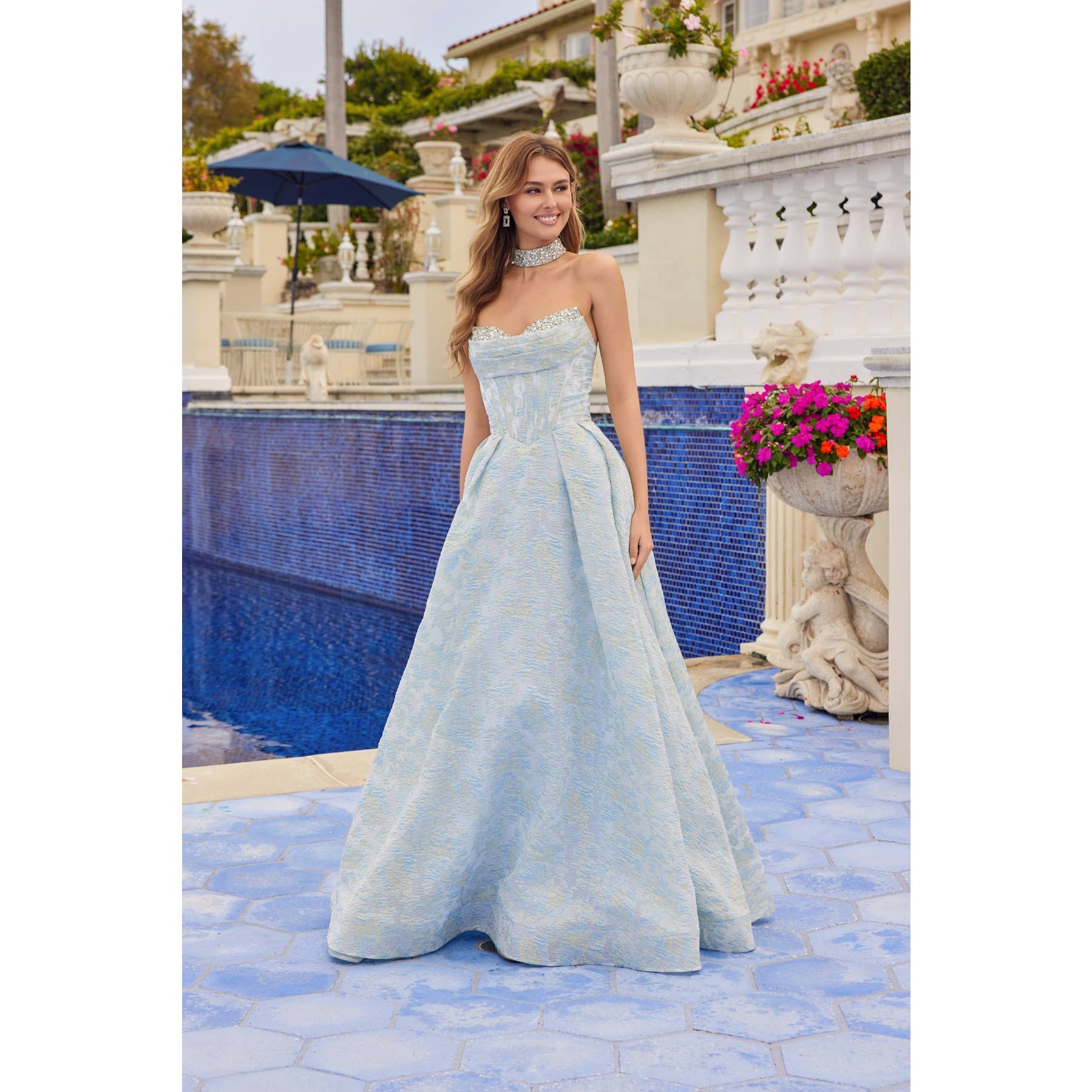 JACQUARD STRAPLESS BALL GOWN WITH STRUCTURED CORSET BODICE A