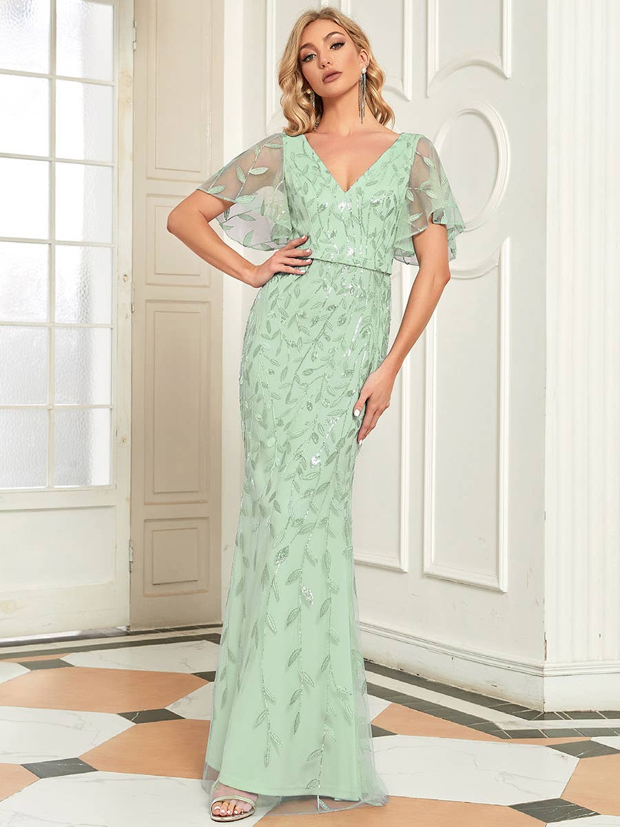 Gorgeous Leaf-Sequined Evening Dress