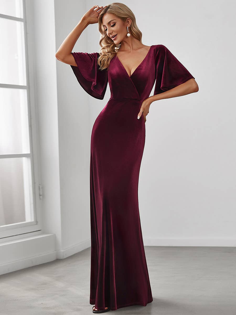 Elegant Double V Neck Velvet Wholesale Party Dress