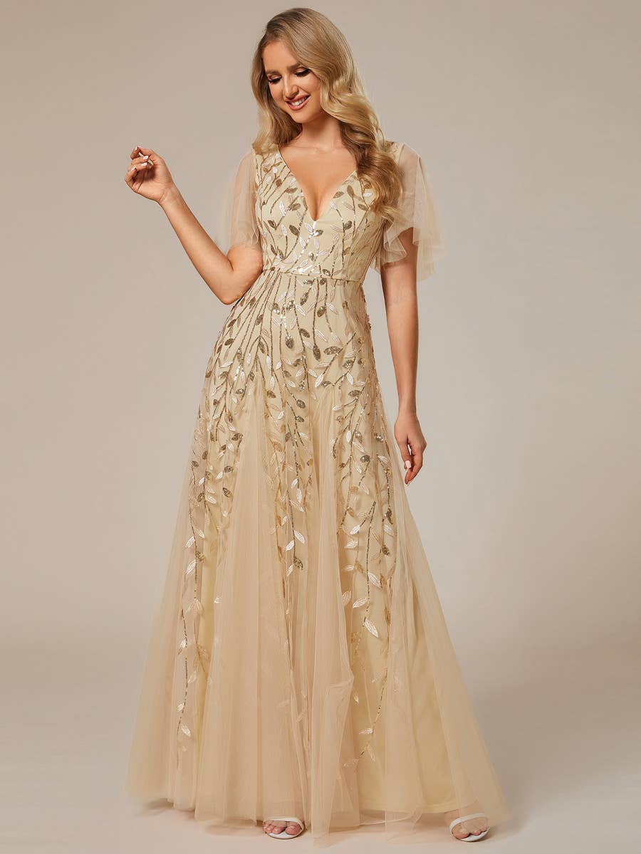 Romantic Shimmery V Neck Ruffle Sleeves Evening Dress
