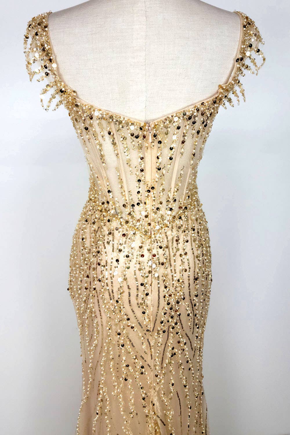 Off the Shoulder Sequin and Bead Long Dress C331