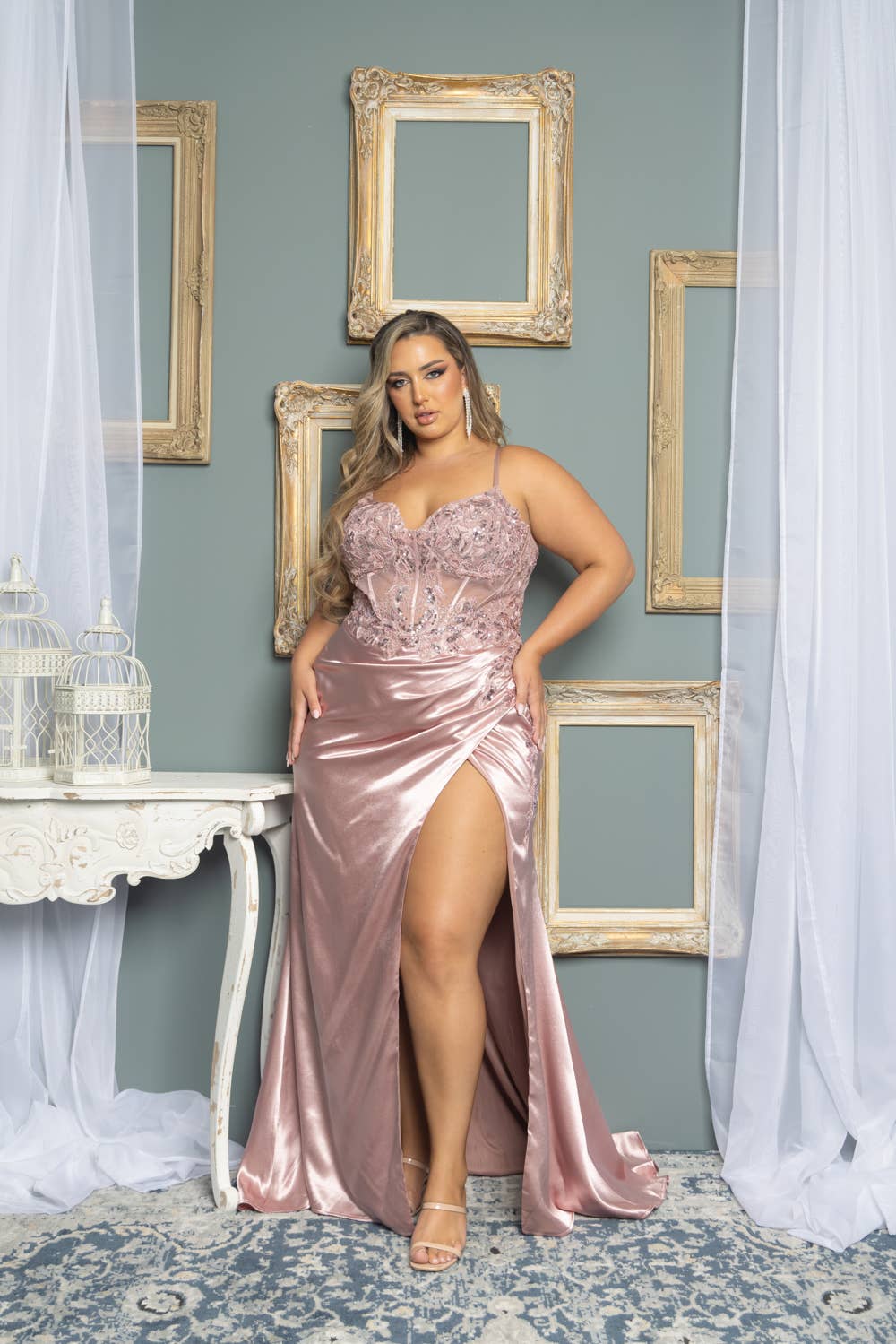 P7506-PLUS SIZE CORSET BEADED AND EMBROIDERED MAXI DRESS