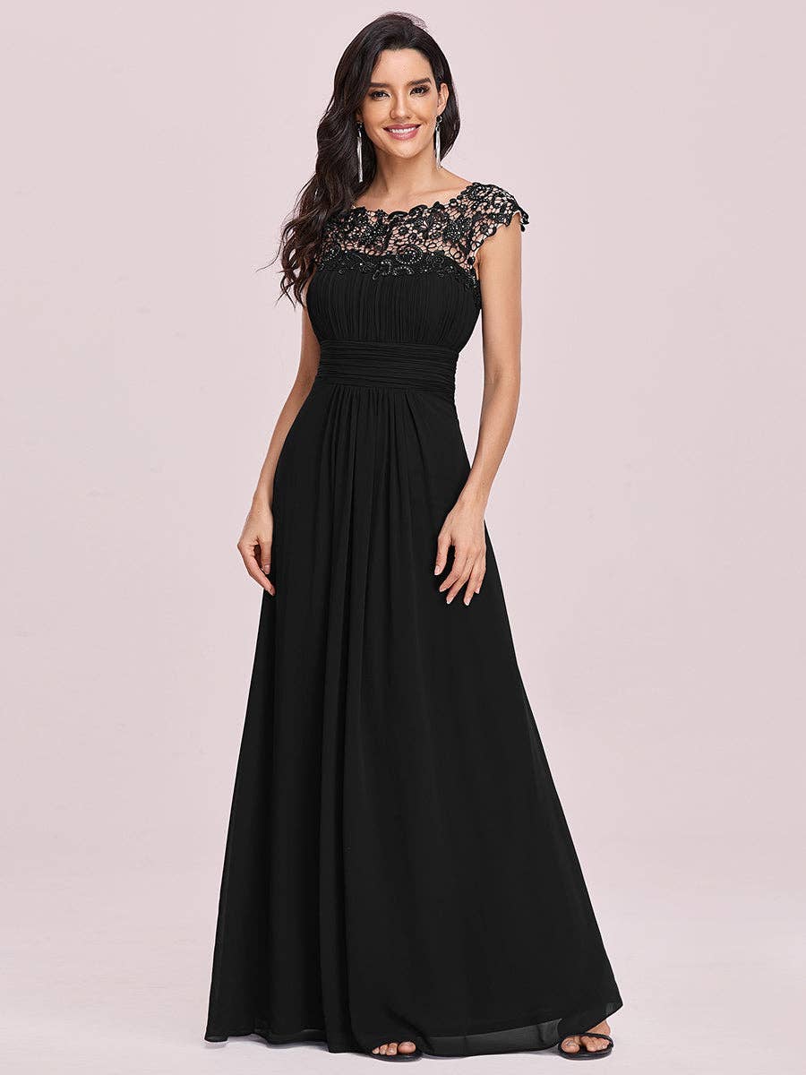 Lacey Neckline Open Back Ruched Bust  Chiffon Evening Dress
