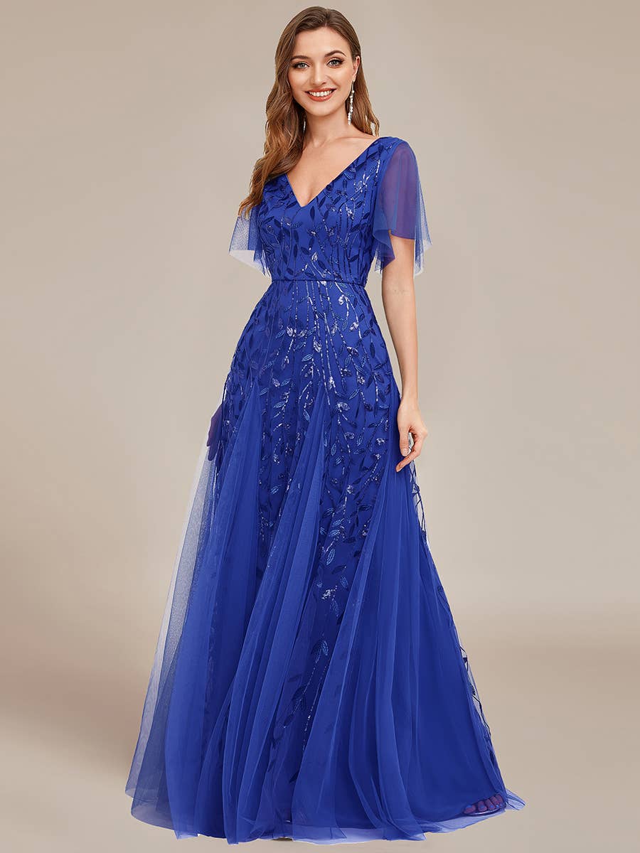 Romantic Shimmery V Neck Ruffle Sleeves Evening Dress