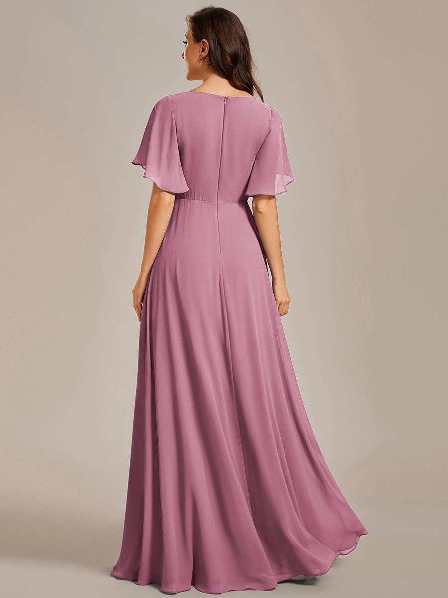 V Neck Appliques Pleated Bridesmaid Dress