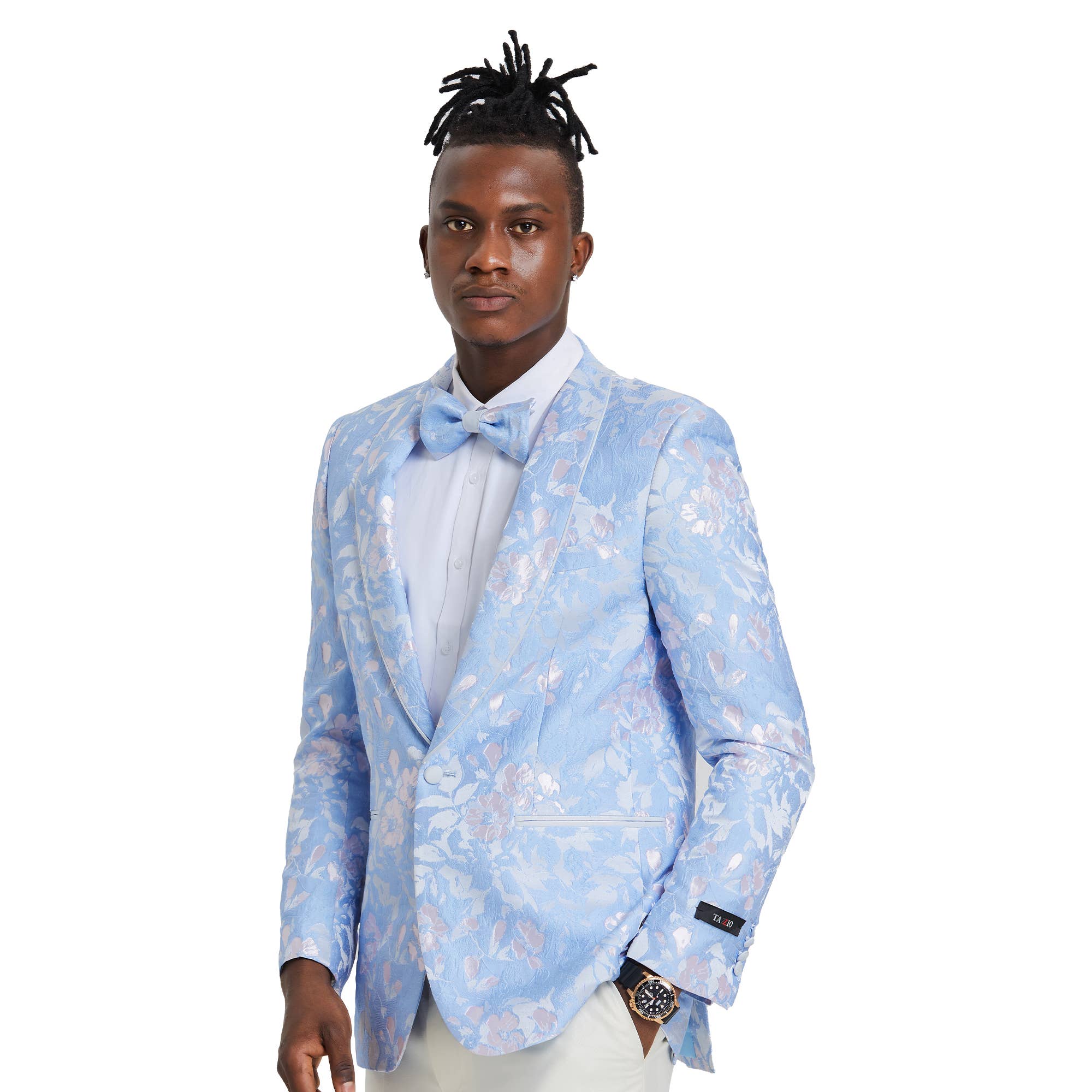 Men's Slim Floral Blazer w/ Bowtie, Shawl, Sky and Sliver