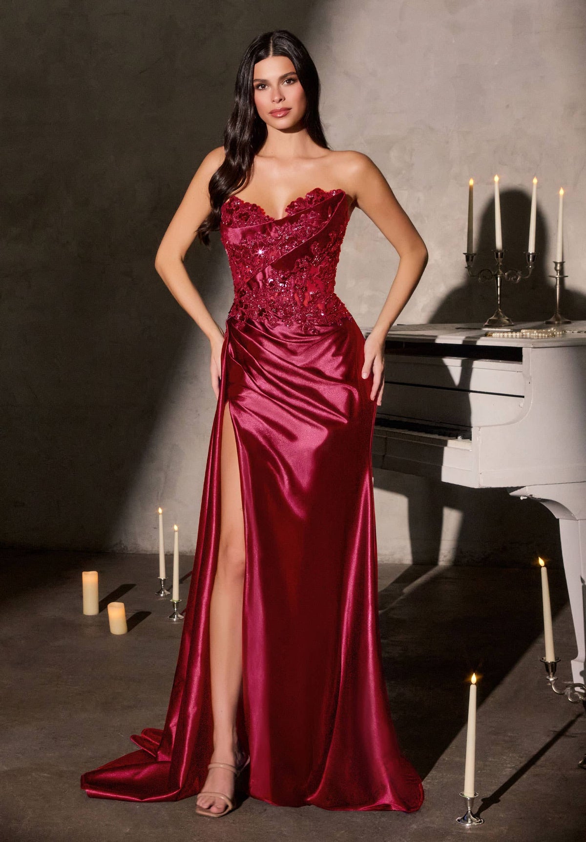 STRAPLESS SATIN FITTED DRESS WITH LACE BODICE & LEG SLIT