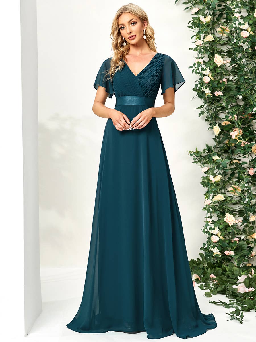 Double V-Neck Ruffles Chiffon Bridesmaid Dress