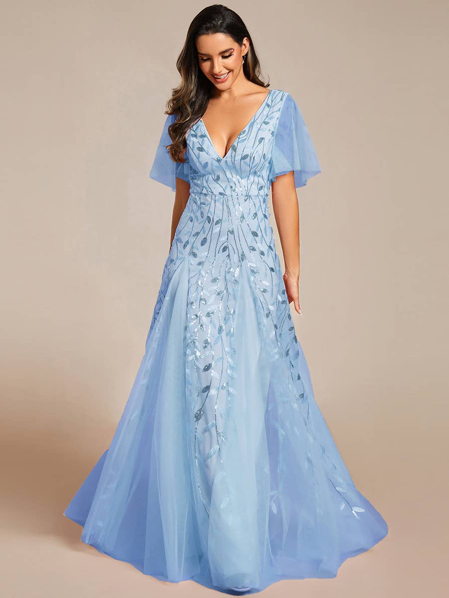 Romantic Shimmery V Neck Ruffle Sleeves Evening Dress