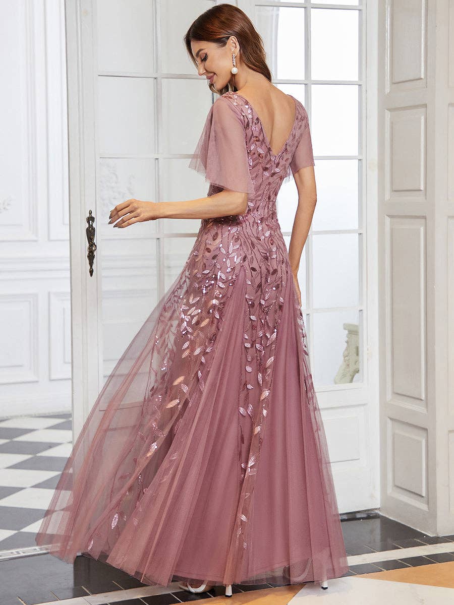 Romantic Shimmery V Neck Ruffle Sleeves Evening Dress