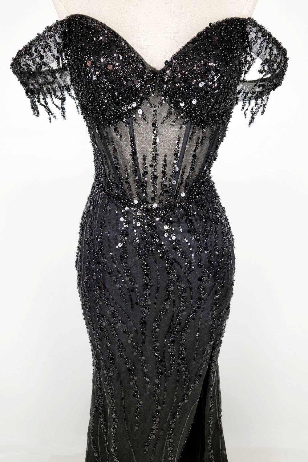 Off the Shoulder Sequin and Bead Long Dress C331
