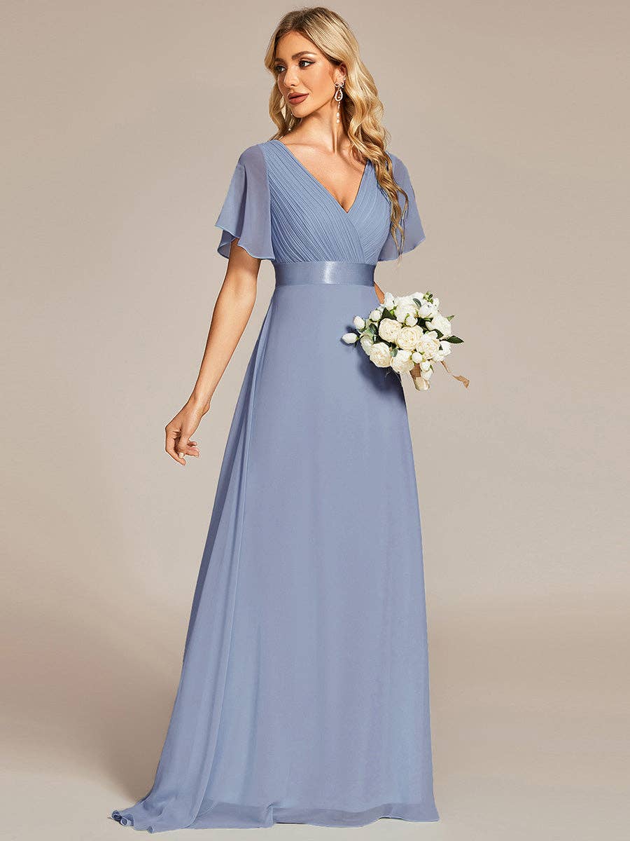 Double V-Neck Ruffles Chiffon Bridesmaid Dress