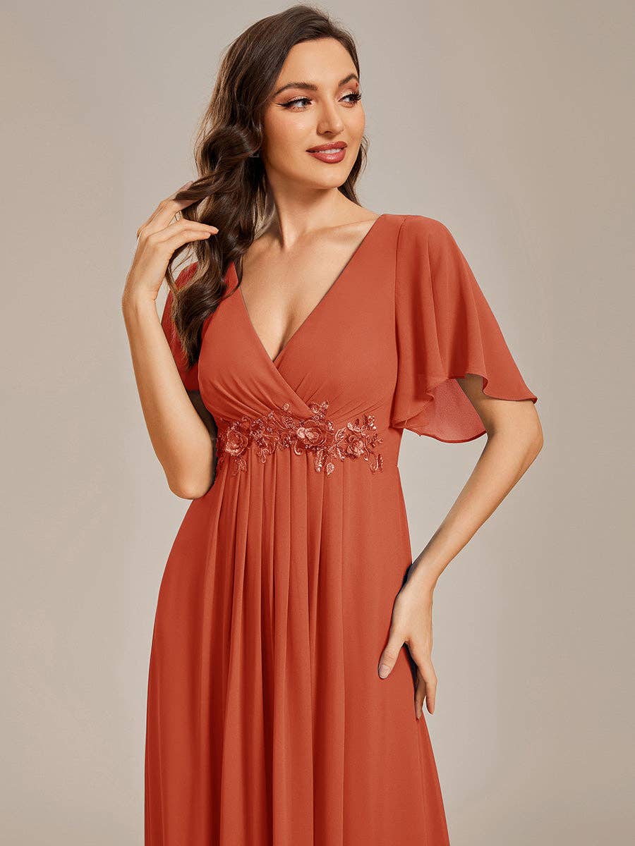 V Neck Appliques Pleated Bridesmaid Dress