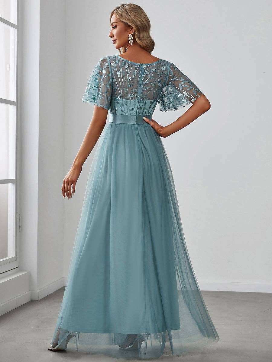 Sequin Print Maxi Long Evening Dresses with Cap Sleeve