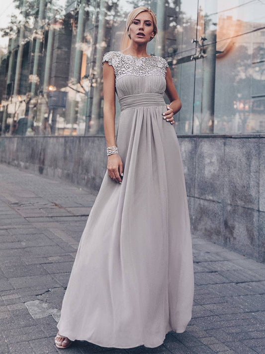 Lacey Neckline Open Back Ruched Bust Chiffon Evening Dress
