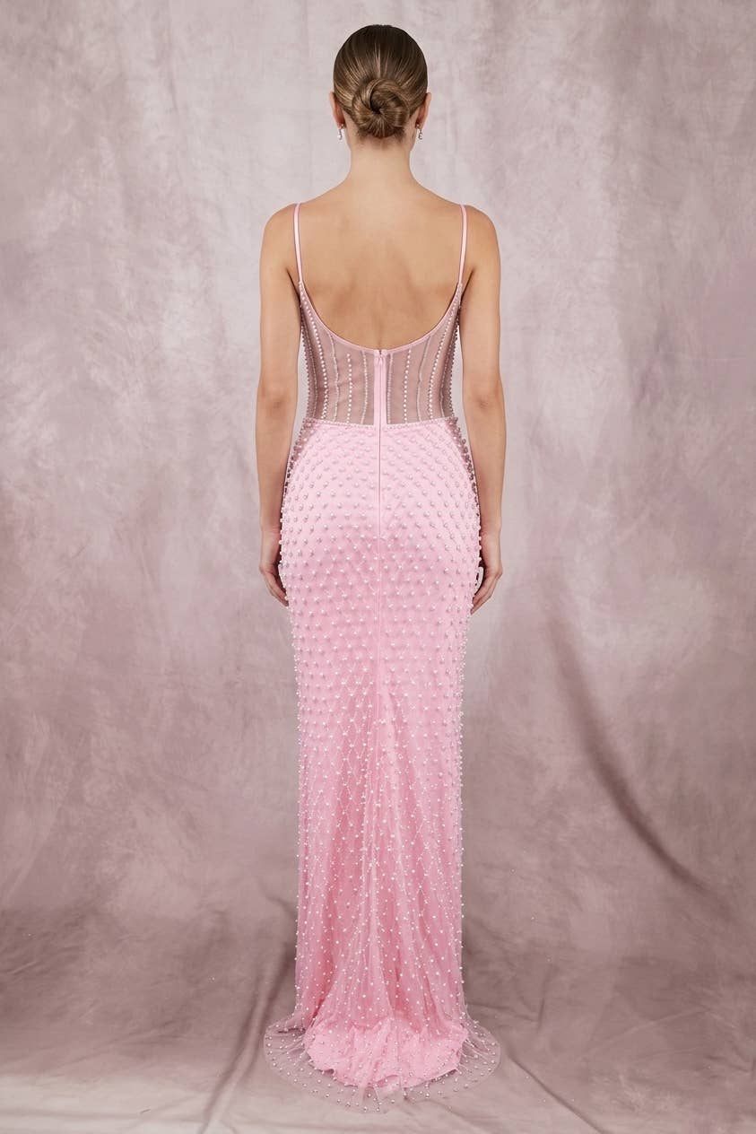 Long Dress With Bow, Pearls And Jewel Rhinestones C848