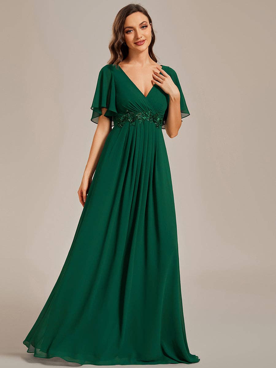 V Neck Appliques Pleated Bridesmaid Dress