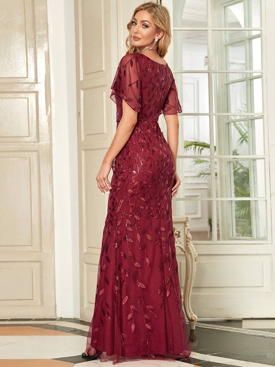 Gorgeous Leaf-Sequined Evening Dress