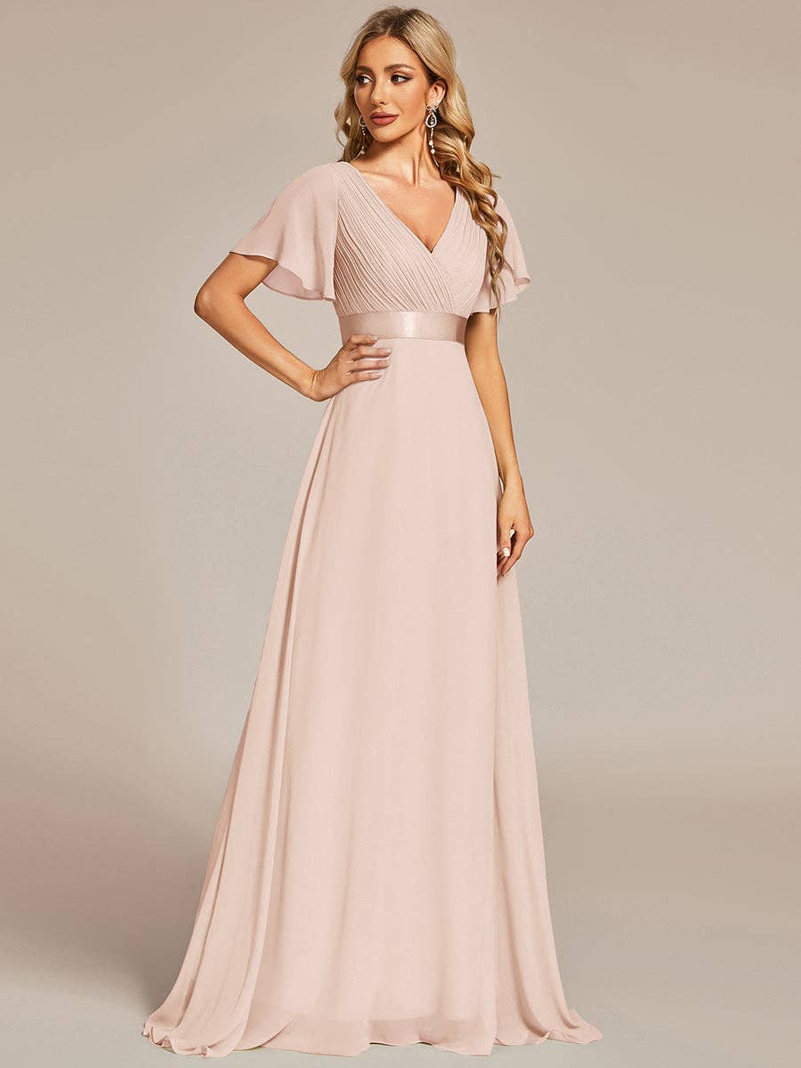 Double V-Neck Ruffles Chiffon Bridesmaid Dress