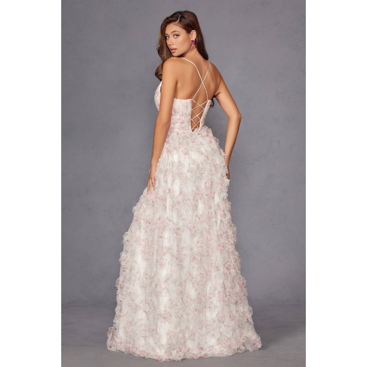 JT2572U THIS DRESS FEATURES A FITTED CORSET WITH A V-NECKLIN