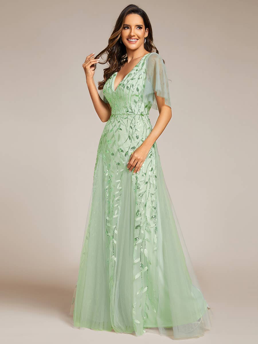 Romantic Shimmery V Neck Ruffle Sleeves Evening Dress