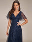 Romantic Shimmery V Neck Ruffle Sleeves Evening Dress