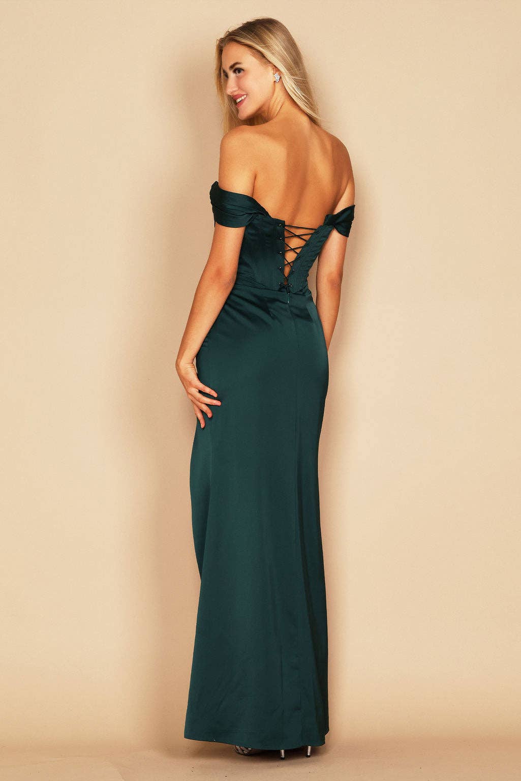Corset Satin Prom Dress Off Shoulder, Slit and Strappy Back