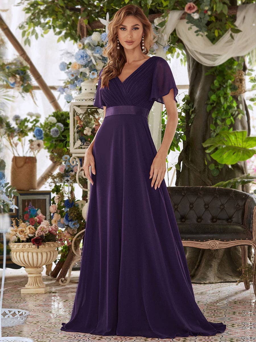 Double V-Neck Ruffles Chiffon Bridesmaid Dress