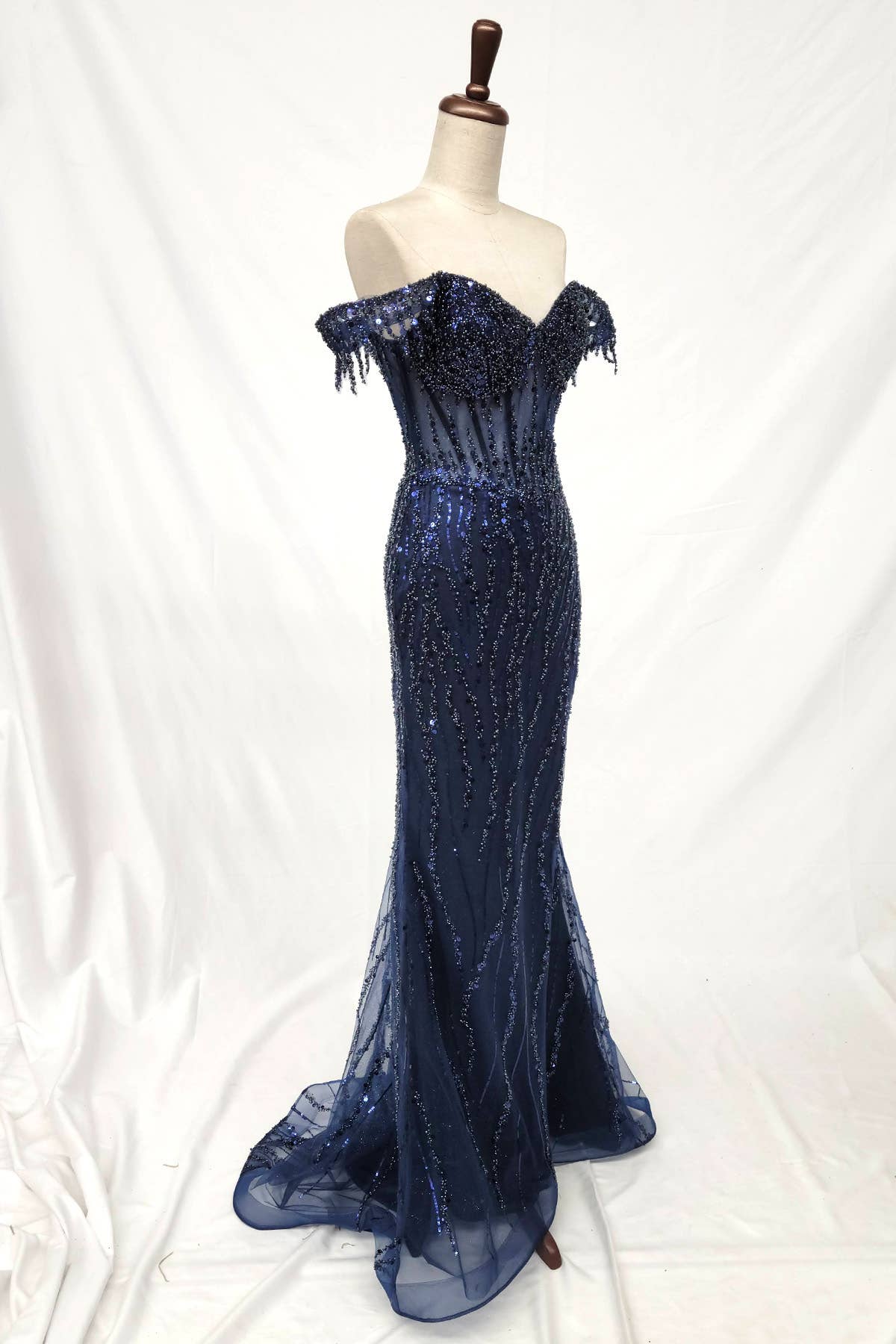 Off the Shoulder Sequin and Bead Long Dress C331