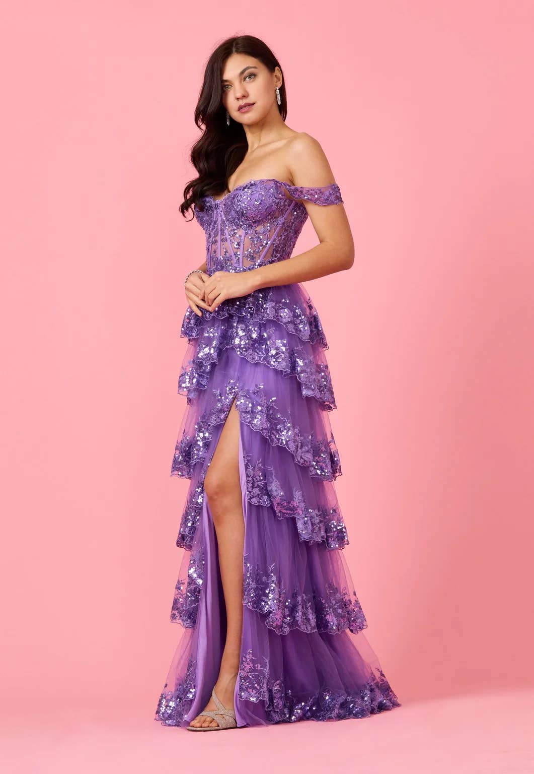 Tiered Prom Dress Off Shoulder Floral Lace with Shimmer