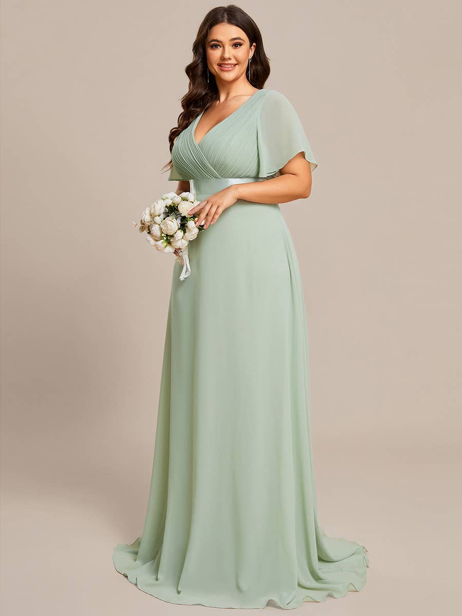 Double V-Neck Ruffles Chiffon Bridesmaid Dress