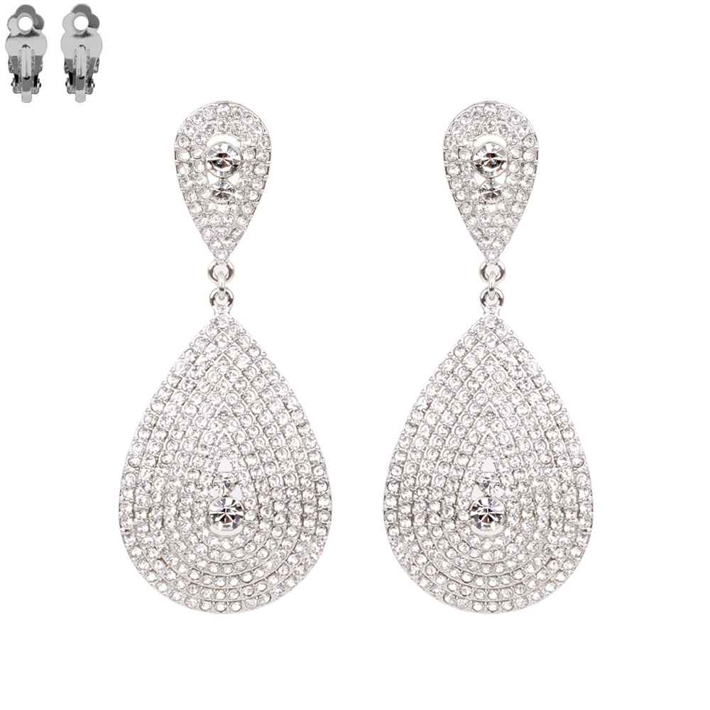 Teardrop Shaped Crystal Pave Clip-On Earrings