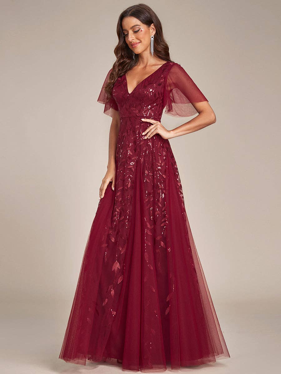 Romantic Shimmery V Neck Ruffle Sleeves Evening Dress
