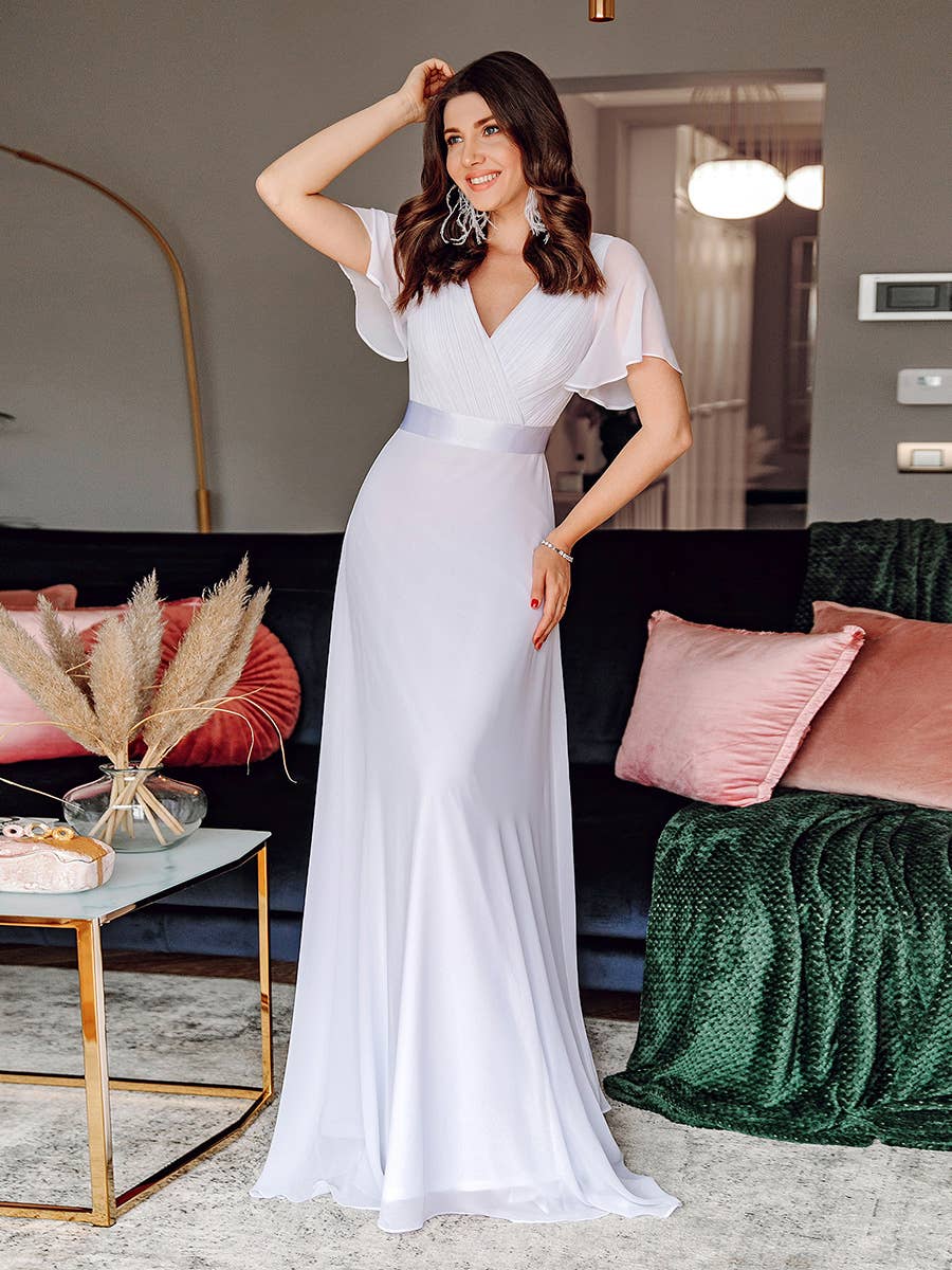 Double V-Neck Ruffles Chiffon Bridesmaid Dress