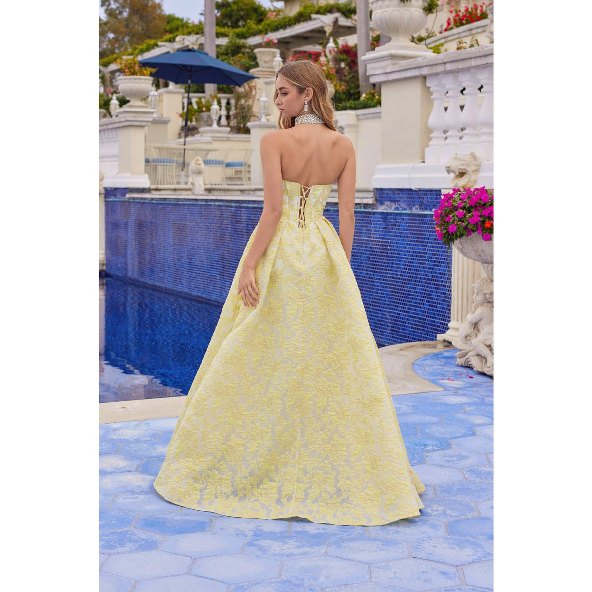 JACQUARD STRAPLESS BALL GOWN WITH STRUCTURED CORSET BODICE A