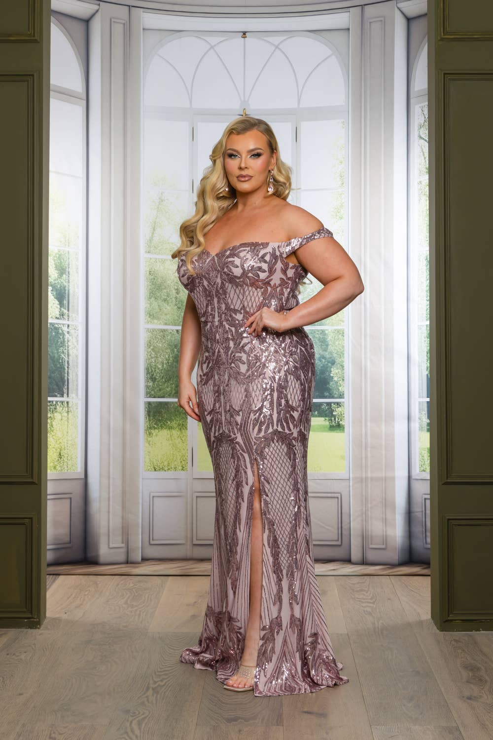 P1013P25-PLUS SIZE SEQUIN OFF SHOULDER MAXI DRESS