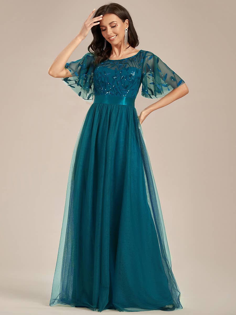 Sequin Print Maxi Long Evening Dresses with Cap Sleeve