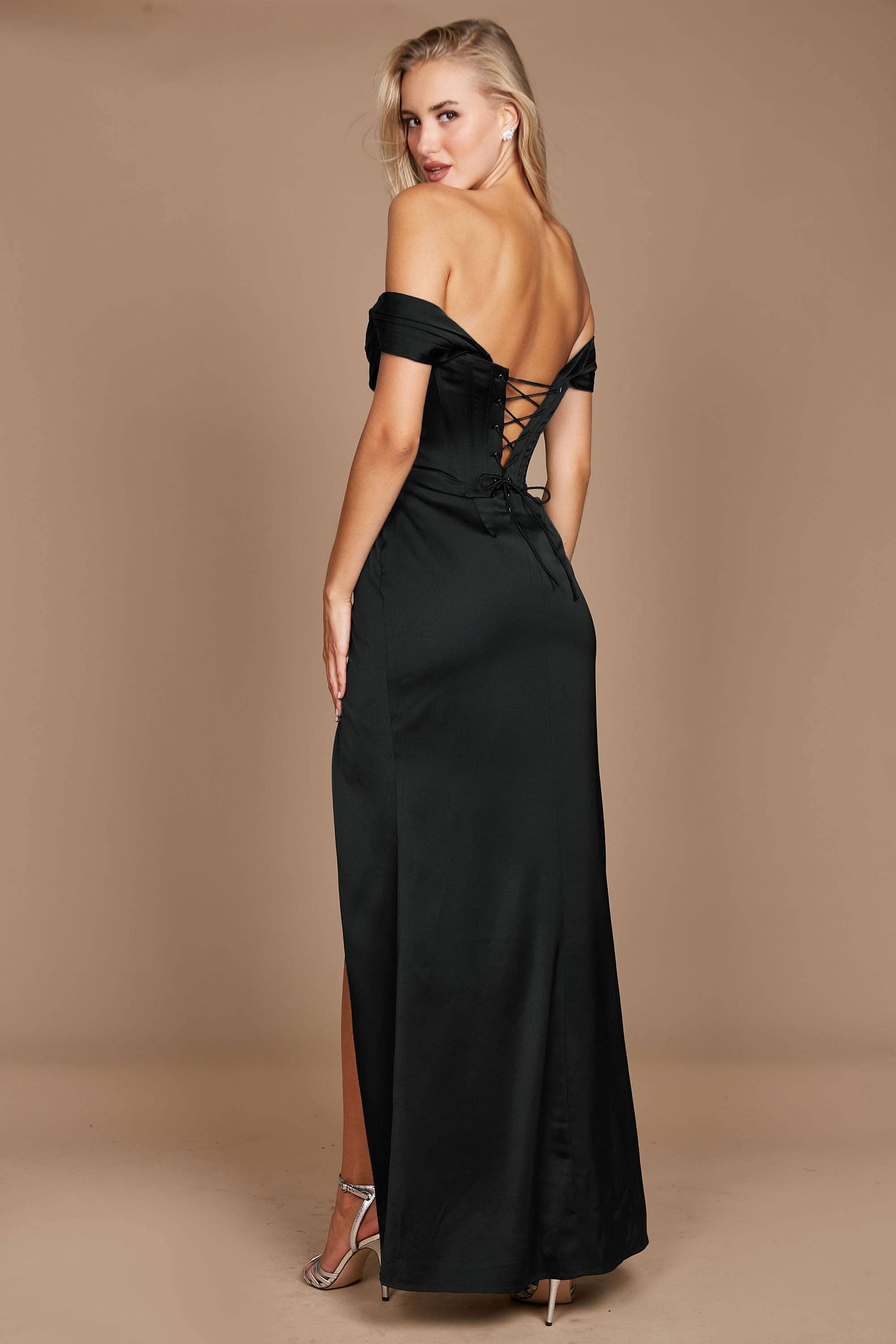 Corset Satin Prom Dress Off Shoulder, Slit and Strappy Back