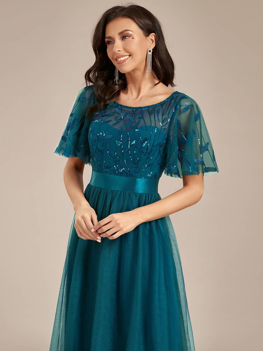 Sequin Print Maxi Long Evening Dresses with Cap Sleeve