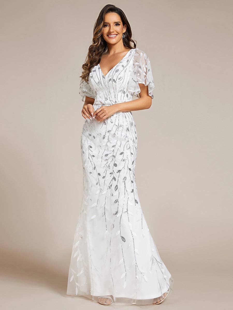 Gorgeous Leaf-Sequined Evening Dress