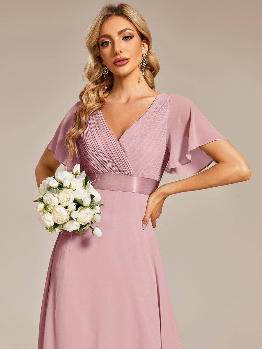 Double V-Neck Ruffles Chiffon Bridesmaid Dress