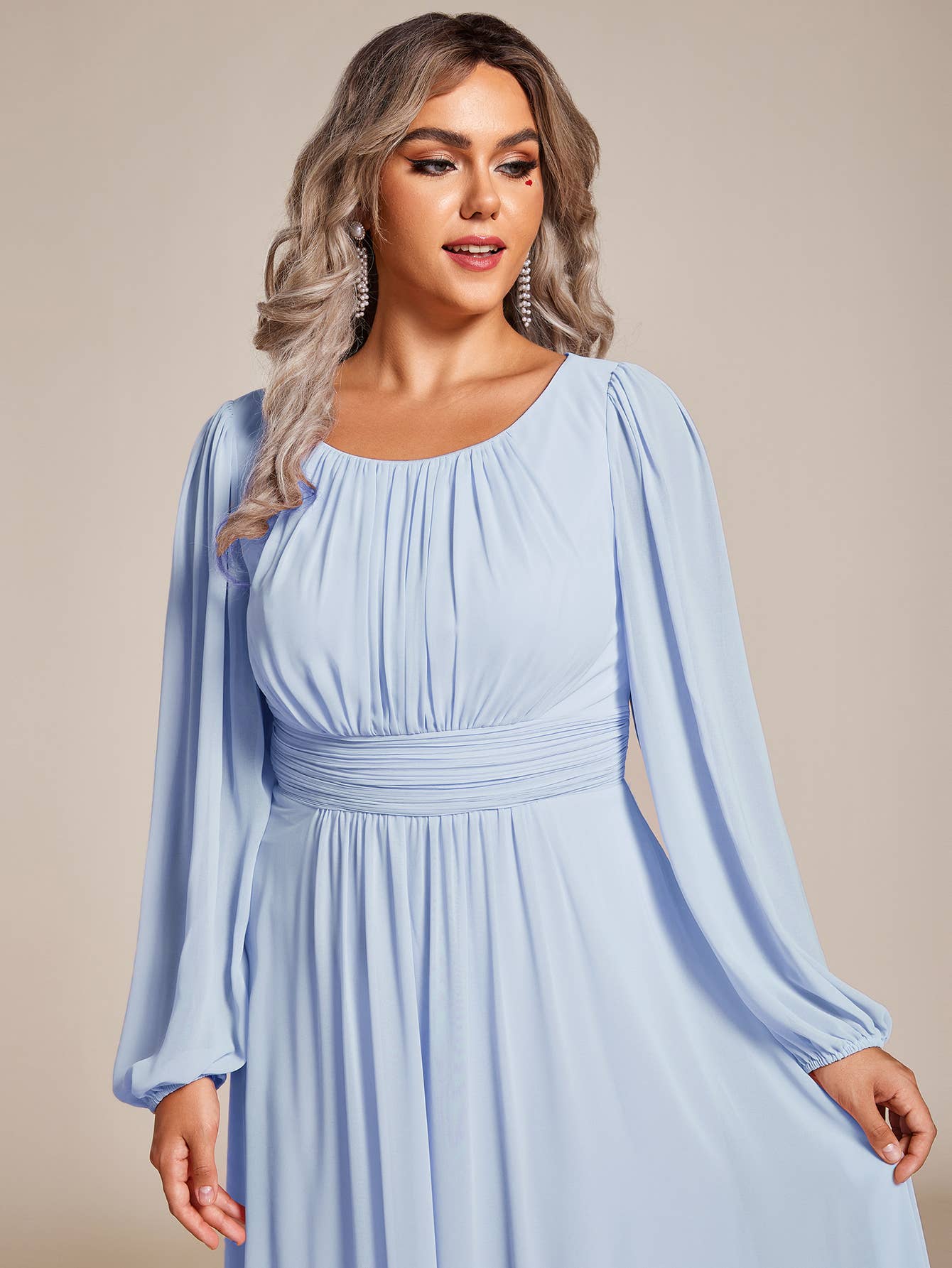 Plus Size Long Lantern Sleeves Round Neck Bridesmaid Dress