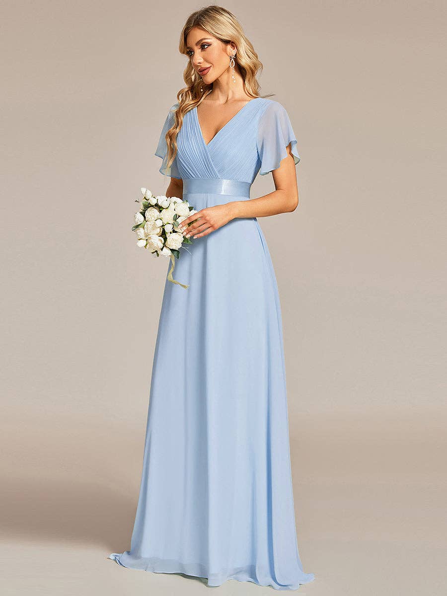 Double V-Neck Ruffles Chiffon Bridesmaid Dress