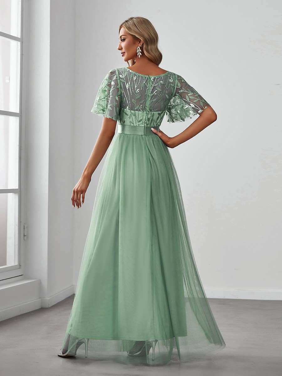 Sequin Print Maxi Long Evening Dresses with Cap Sleeve